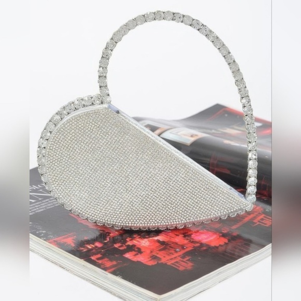 Sparkling‎ Heart Rhinestone Clutch Purse Evening Bag Silver Handbag